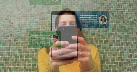 Smartphone Notifications with Person Engaged, Green Mosaic Background