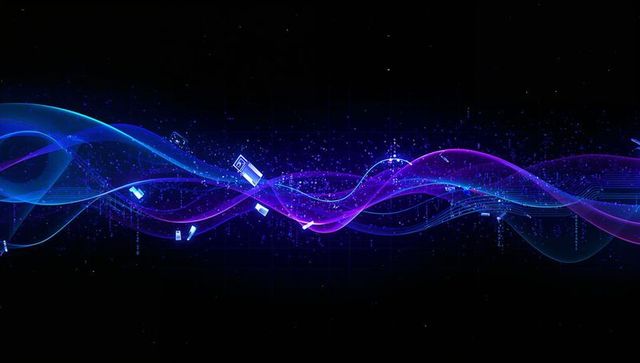 Vibrant neon data wave with digital devices and particles