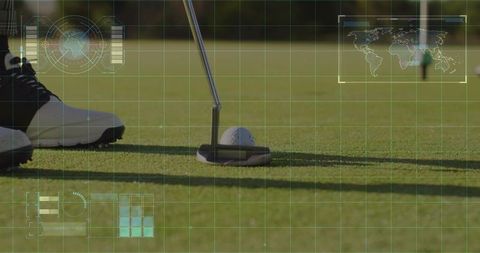 Putter aligning behind golf ball on putting green with hud performance analytics overlay