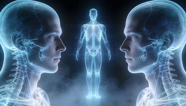 Holographic human skeleton projection between two transparent cranial profiles