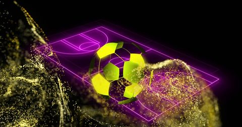 Futuristic Soccer Ball Spinning Over Neon Purple Field