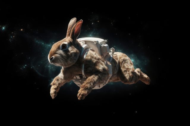 Bunny wearing astronaut suit floating in outer space. Ideal for creative projects, children's stories, fantasy artwork, science fiction themes, and imaginative marketing campaigns.
