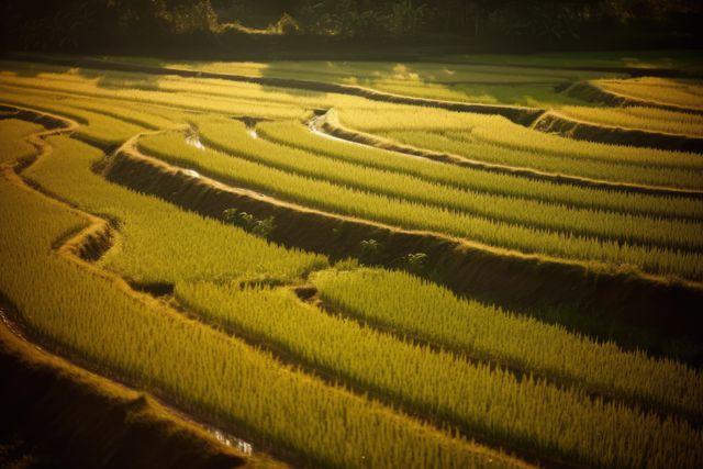 Golden rice terraces illuminated by the setting sun create a picturesque landscape. This image highlights the beauty of traditional farming and agriculture. Ideal for use in travel brochures, nature and agriculture articles, and websites promoting eco-tourism and sustainable farming.