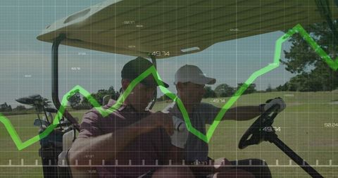 Friends Enjoying Beverages in Golf Cart with Data Overlay