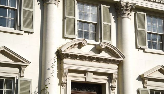 Sunlit neoclassical entrance with corinthian columns, ornate pediment and volute details