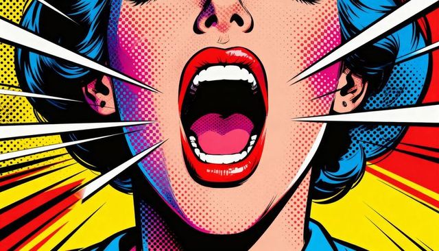 Screaming woman pop art close-up open mouth, bold halftone dots, vibrant comic colors