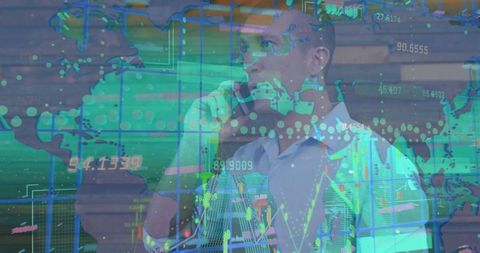 Caucasian businessman communicating amidst digital interface