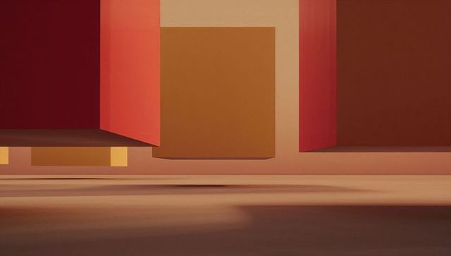 Golden-orange floating panel in abstract gallery setting