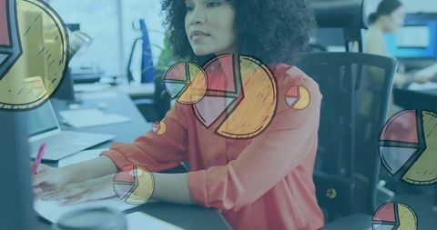 Businesswoman Analyzing Data with Floating Pie Charts