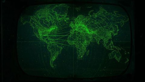 Futuristic Neon Green Wireframe World Map on Control Room Screen