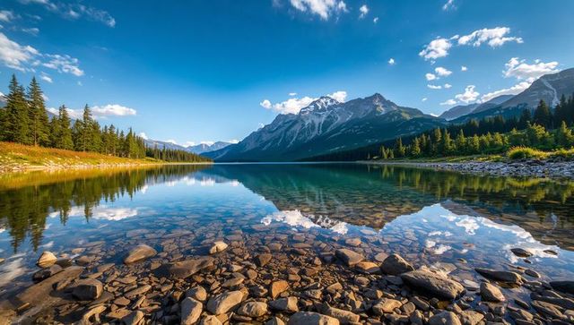 Turquoise alpine lake reflecting snow-capped mountains and pine forest with rocky shore