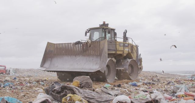General view of landfill with piles of litter, seagulls and dozer. Landfill, waste, pollution and environment.