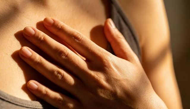 Woman placing hand over sternum in warm sunlight, closeup of collarbone and skin