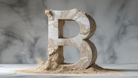 Eroding marble letter b sculpture in minimalist interior