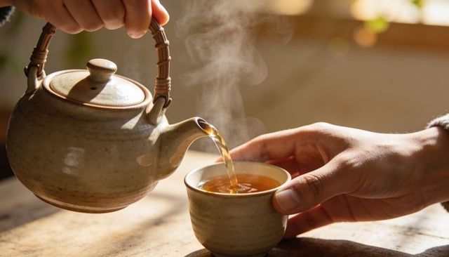 Pouring tea from stoneware teapot with woven handle into cup, steam rising