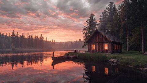 Sunset-Glowing Lakeside Cabin with Canoe and Dock Reflecting Pink Sky at Dusk