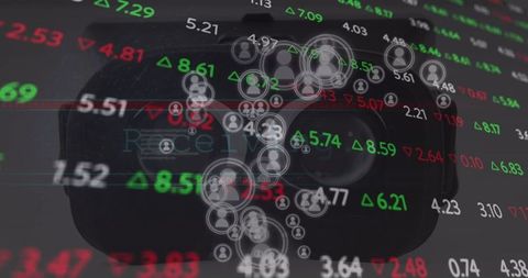 Virtual reality meets finance: vr headset with stock tickers and user icons