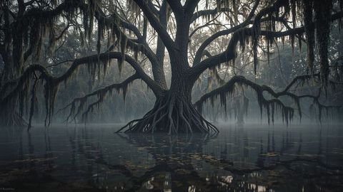 Majestic Cypress Tree with Spanish Moss in Serene Swamp