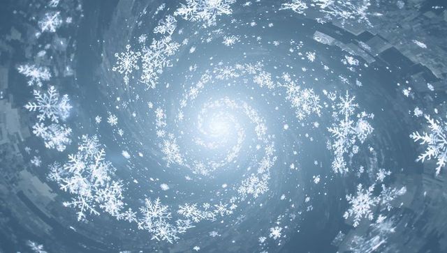 Luminous Spiral Snowflake Vortex with Blue Radial Light and Crystalline Motion