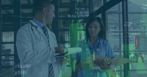 Healthcare Team Analyzing Patient Data with Digital Charts Overlay