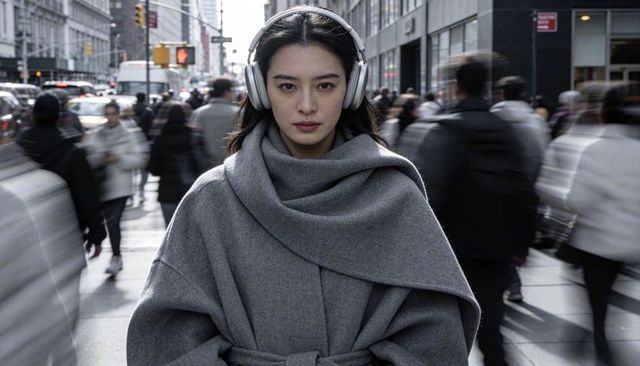 Asian woman walking city crosswalk in grey belted coat with silver headphones, commuter
