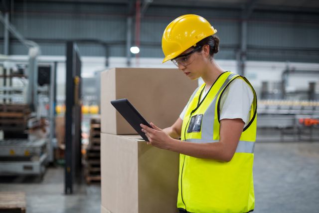 Female factory worker wearing safety gear, including a hard hat and high visibility vest, using a digital tablet in a warehouse. Ideal for illustrating concepts related to industrial work, technology in manufacturing, inventory management, and workplace safety.