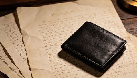 Black leather bifold wallet resting on vintage handwritten letters on wooden desk, closeup