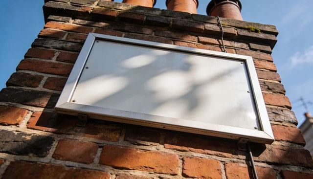 Blank Metal-Framed Sign on Weathered Brick Wall with Sunlit Shadows and Urban Conduit