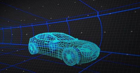 Neon Wireframe Car Rotating Inside Curved Grid Tunnel 3D Mesh Automotive Concept Visualization