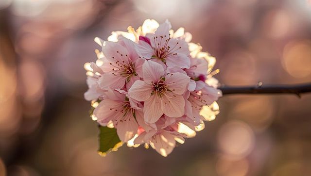 Glowing Backlit Pink Sakura Cluster Basking in Golden Hour Light, Macro Closeup