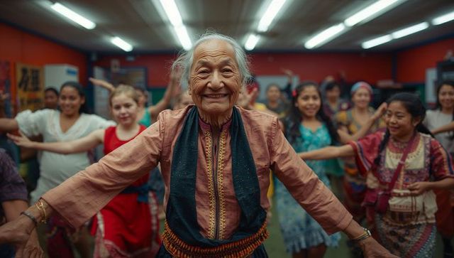 Senior woman leading joyful dance class in colorful studio