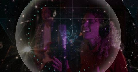 Female singer recording with headphones at studio mic with neon cosmic holographic overlay