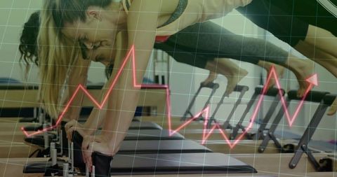 Women performing reformer Pilates class with rising fitness performance graph overlay