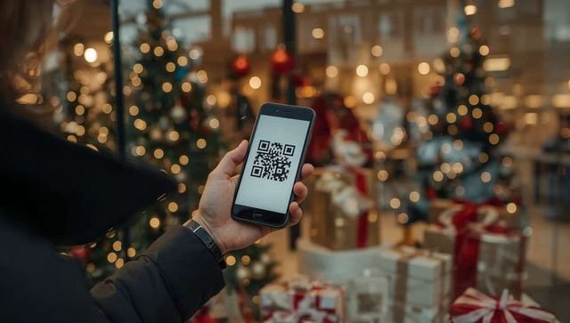Scanning qr code on smartphone for holiday window shopping at festive storefront