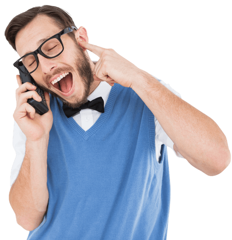 geeky hipster closing ear using retro cellphone transparent background - Download Free Stock Videos Pikwizard.com