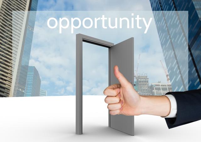 Digital composition of opportunity text with hand showing thumbs up against an open door