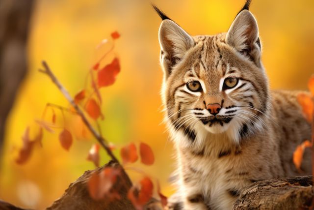 Bobcat standing on tree branch surrounded by colorful autumn leaves. Use for wildlife conservation, nature photography, animal behavior studies, autumn-themed content, education, and environmental awareness.