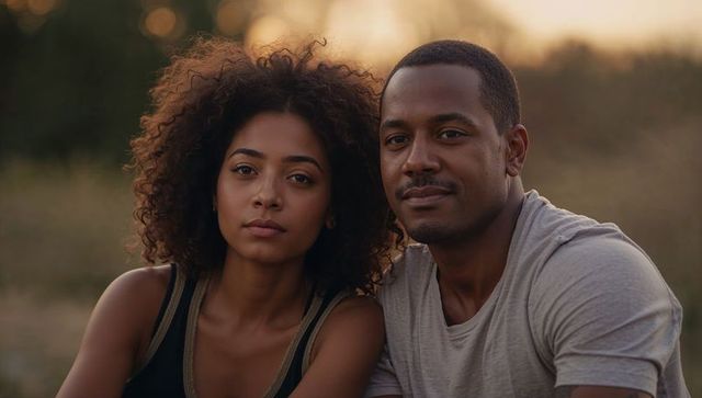 Young couple sitting in grassy meadow at golden hour, warm intimate close-up outdoor portrait