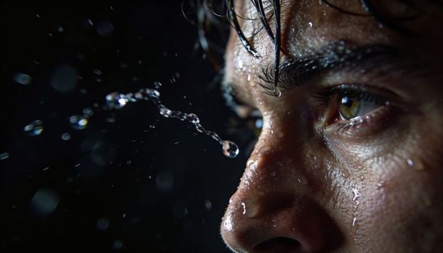 Intense closeup of wet face with hazel iris, water droplets, textured pores and tear