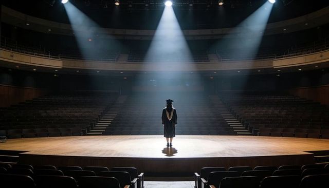 Lone Graduate Standing on Empty Auditorium Stage under Dramatic Spotlights and Shadow