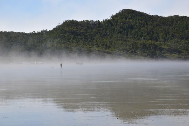 Misty beach scene featuring a lone figure walking near the seashore with hills in the background. Ideal for use in travel blogs, nature articles, and relaxation themed content.