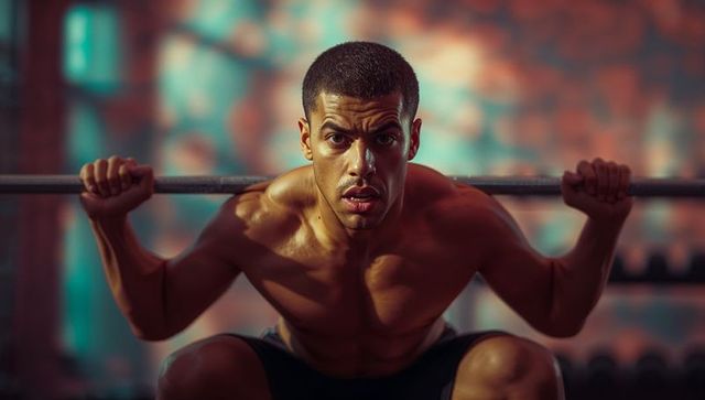 Determined Athletic Man Performing Deep Barbell Squat in Gym