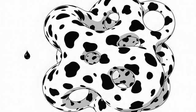 Monochrome spotted 3d perforated torus sculpture with high-contrast holes and gloss