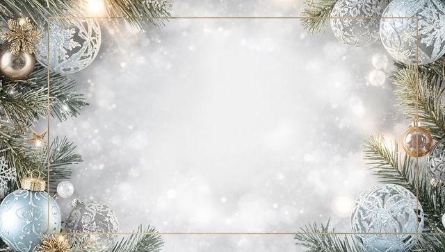 Framing Holiday Greeting with Frosted Pine, Silver Blue Baubles and Gold Sparkle Border