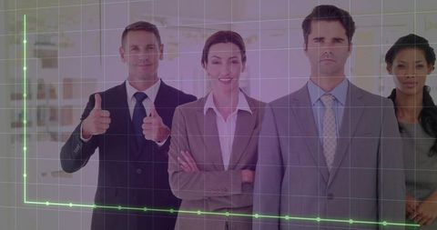 Corporate team posing with analytics overlay, green line graph and grid for teamwork