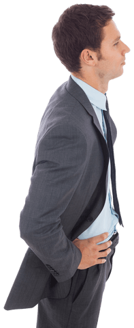 Transparent Businessman in Suit with Hands on Hips Side View