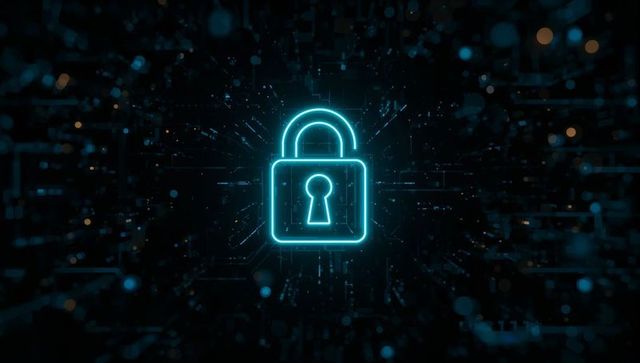 Neon Cybersecurity Lock Icon with Circuit Traces and Digital Particle Burst