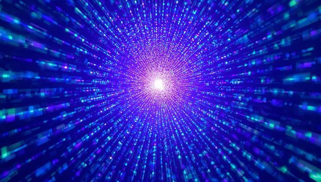 Radiating neon core emitting pixel streaks through digital tunnel futuristic tech visuals