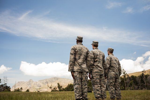 Group of military soldiers standing in line at boot camp