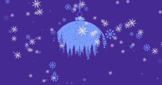 Illustration featuring Christmas bauble on a purple background with falling snowflakes conveys festive holiday spirit. Bauble decorated with a forest silhouette adds to the wintry theme. Ideal for creating holiday greeting cards, festive banners, digital invitations or seasonal print materials. Great addition to holiday-themed autoreplies and social media posts. Perfect as cheerful Christmas-themed wallpaper and design projects celebrating winter and Christmas festivities.